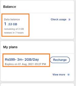 see the validity of your current plan and jio net balance