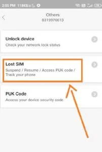 Click on the Lost sim - Suspend/ Resume/ Access PUK Code/ Track your phone