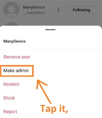Tap to the make Admin 