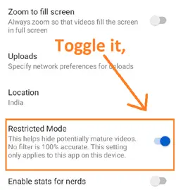 Scroll down and then toggle the option of Restricted mode.