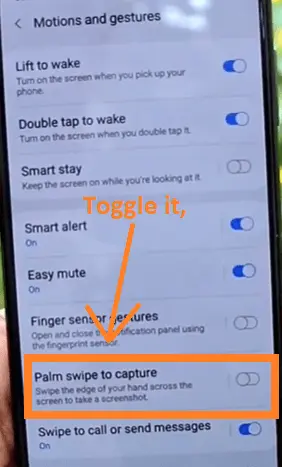 enable the Palm swipe to capture option