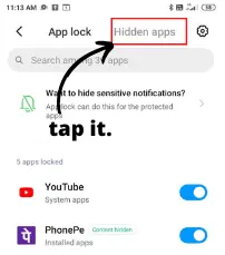 hoose: Hidden apps and App Lock. Tap on 'Hidden App' to continue the process.