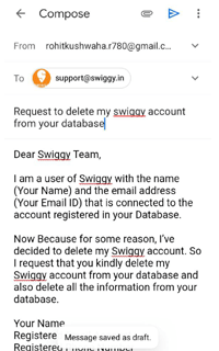 How to write emails to deactivate Swiggy account? 